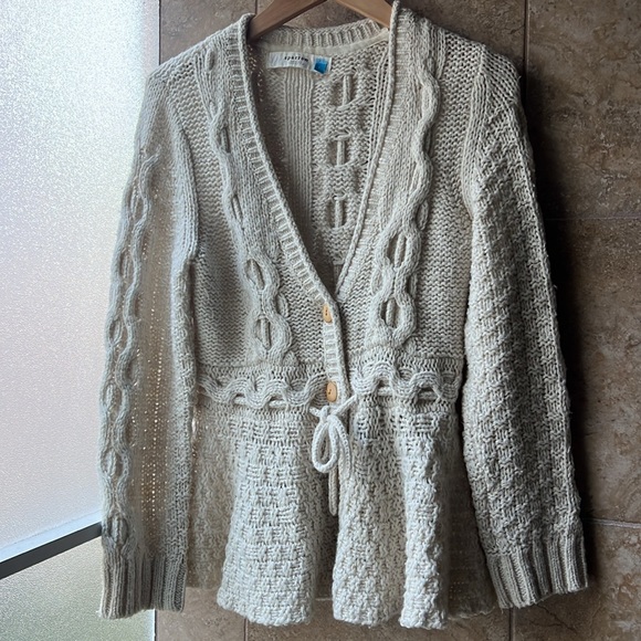 Anthropologie Sparrow Stitchy Peplum Cardigan Tie Waist Wool Blend Sweater - Picture 2 of 14
